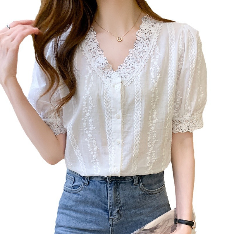 夏季新款時尚設計感V領上衣刺繡蕾絲雪紡短袖襯衫