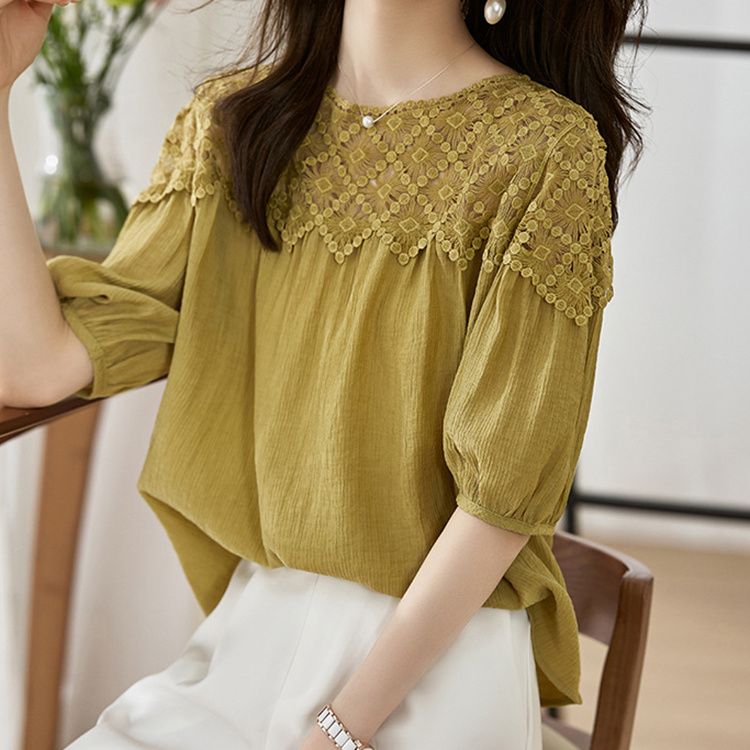 通勤時尚百搭拼接寬鬆短袖雪紡蕾絲襯衫