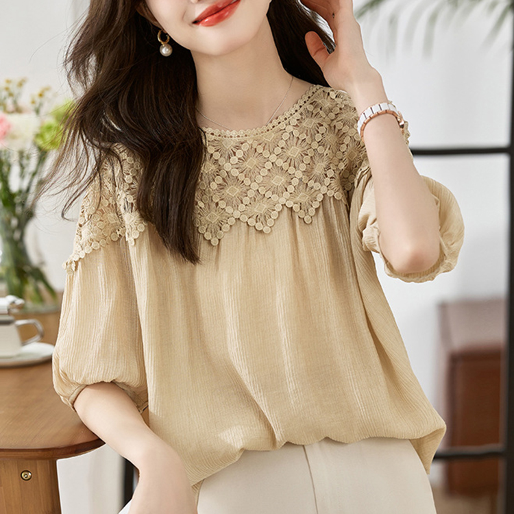 通勤時尚百搭拼接寬鬆短袖雪紡蕾絲襯衫