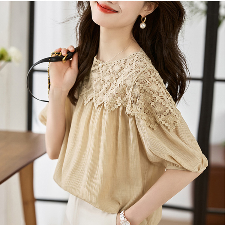 通勤時尚百搭拼接寬鬆短袖雪紡蕾絲襯衫