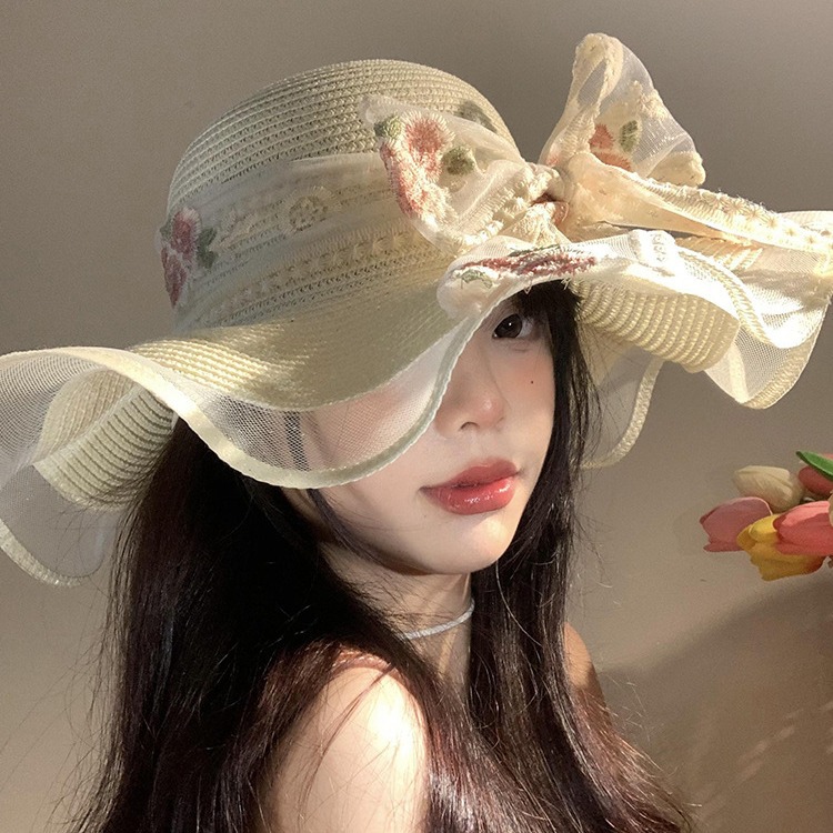 海邊度假波浪邊蕾絲蝴蝶結遮陽草帽
