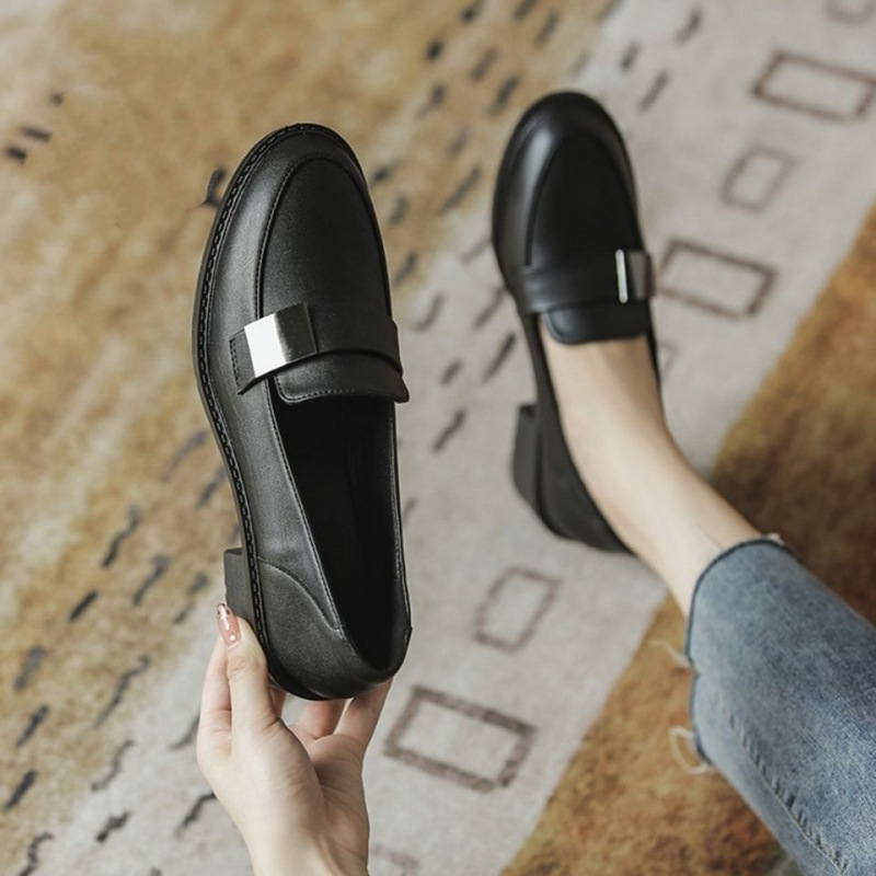 英倫風百搭軟皮小皮鞋粗跟一腳蹬樂福鞋