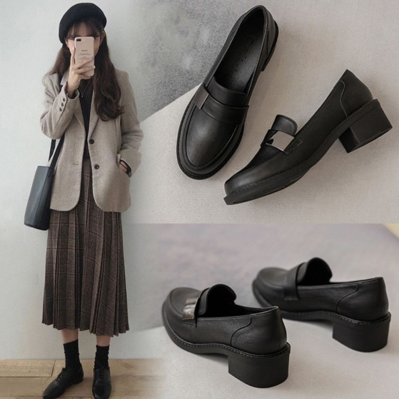 英倫風百搭軟皮小皮鞋粗跟一腳蹬樂福鞋