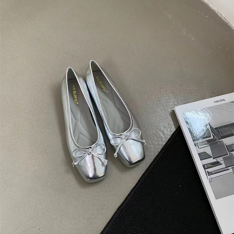 法式氣質方頭名媛蝴蝶結淺口平底百搭單鞋