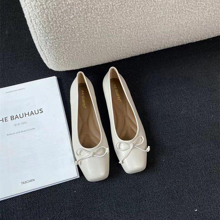 法式氣質方頭名媛蝴蝶結淺口平底百搭單鞋