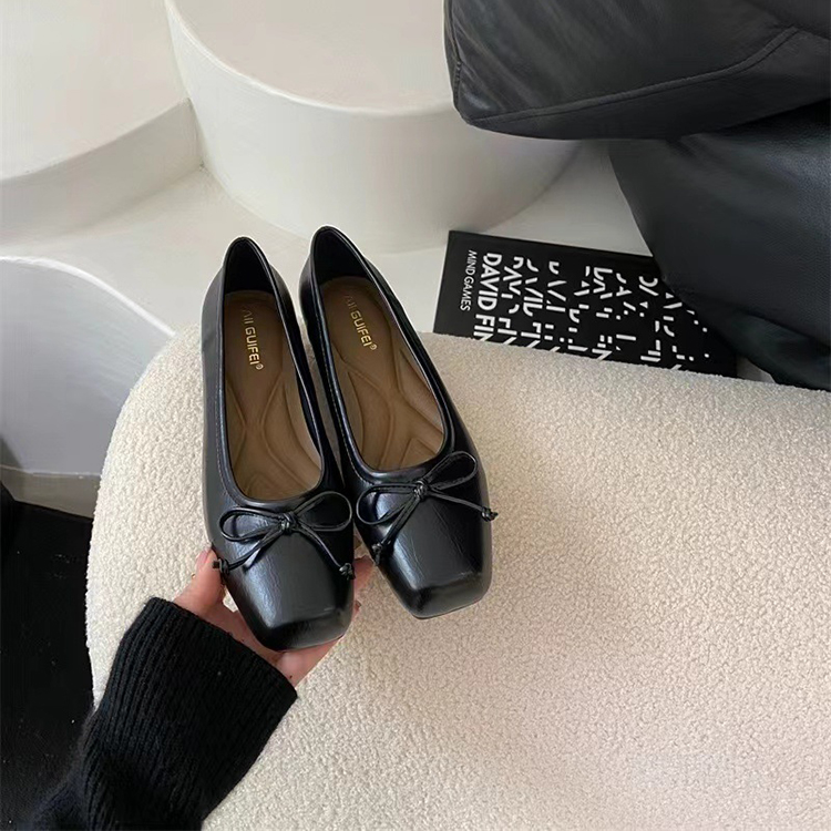 法式氣質方頭名媛蝴蝶結淺口平底百搭單鞋