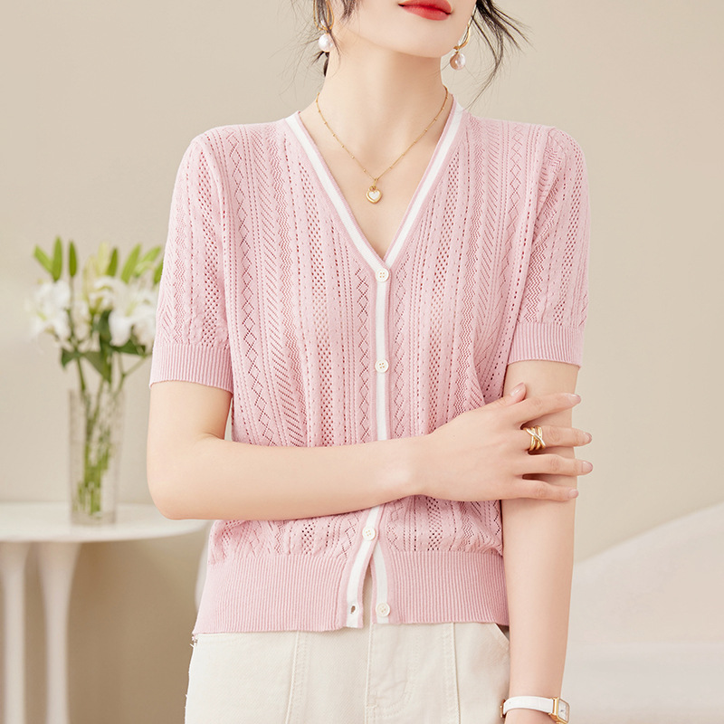 v領小香風拼色針織鏤空短袖小個子上衣