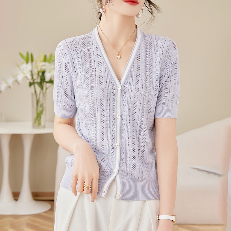 v領小香風拼色針織鏤空短袖小個子上衣