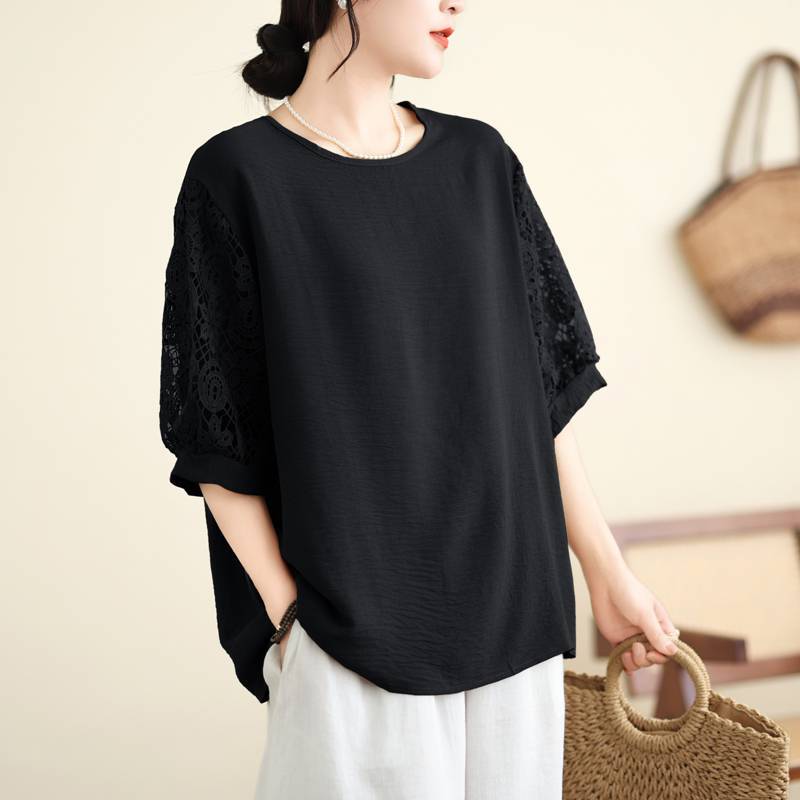寬鬆休閒蕾絲拼接減齡套頭短袖