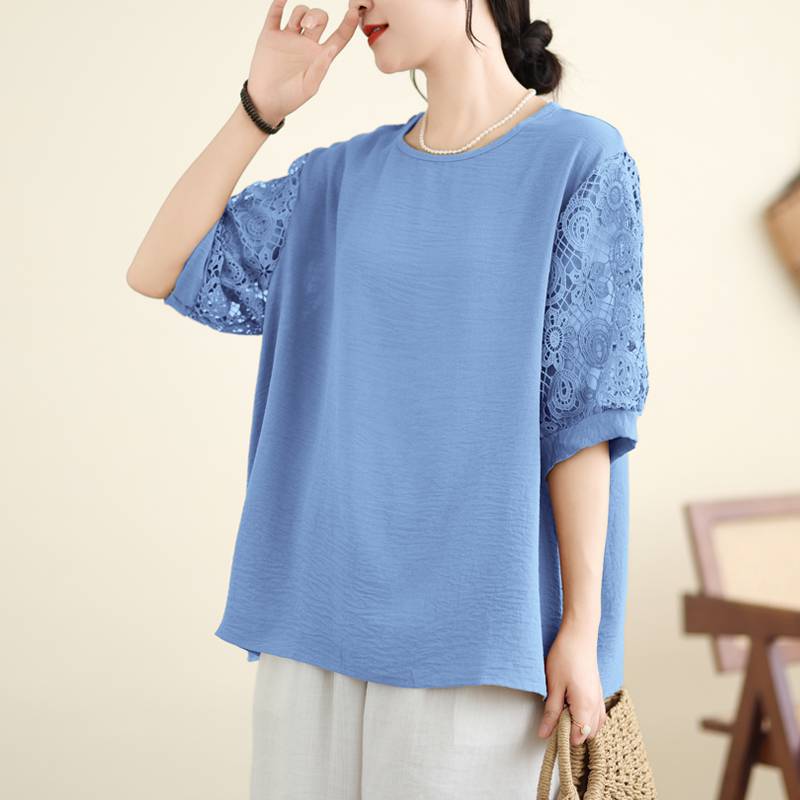 寬鬆休閒蕾絲拼接減齡套頭短袖