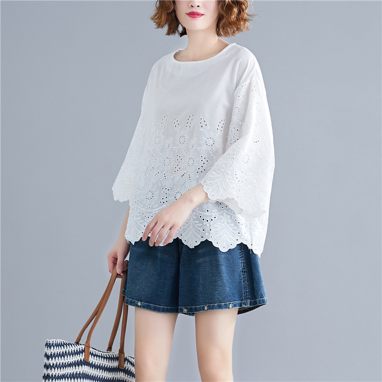 日系文藝復古小清新鉤花鏤空襯衫短袖