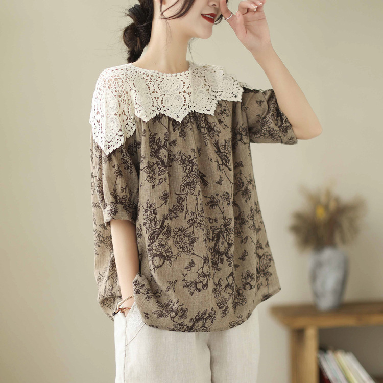復古棕色碎花拼接蕾絲上衣文藝減齡氣質短袖