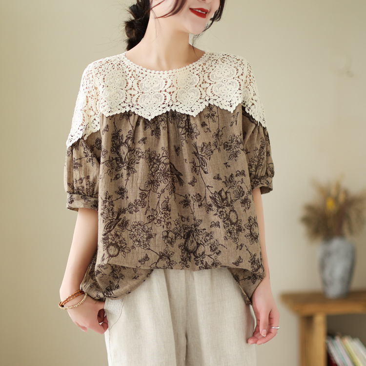 復古棕色碎花拼接蕾絲上衣文藝減齡氣質短袖