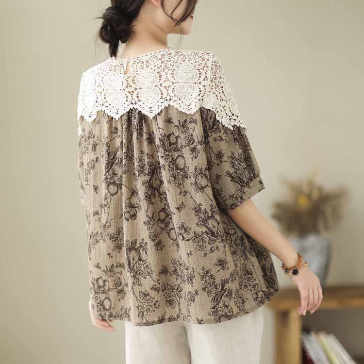 復古棕色碎花拼接蕾絲上衣文藝減齡氣質短袖