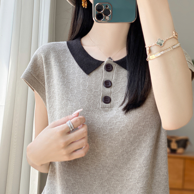 夏季新款復古撞色小蓋袖菱格T卹