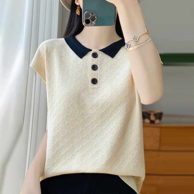 夏季新款復古撞色小蓋袖菱格T卹