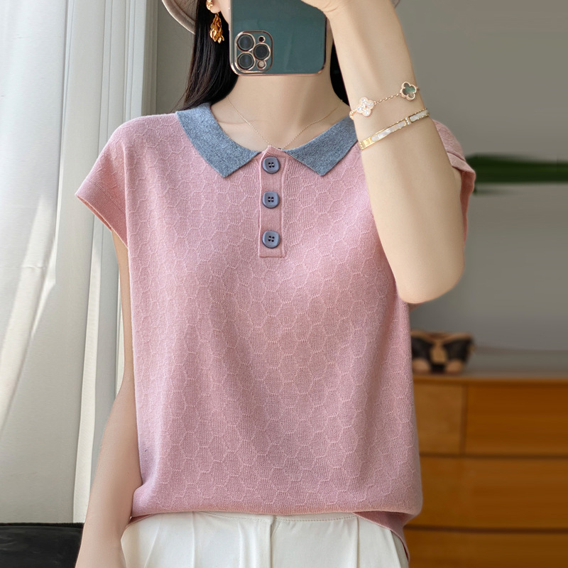 夏季新款復古撞色小蓋袖菱格T卹