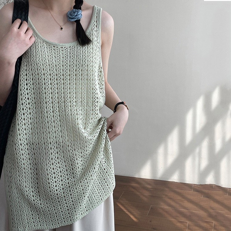 韓系U領鏤空背心式洋裝女疊穿側開叉針織罩衫