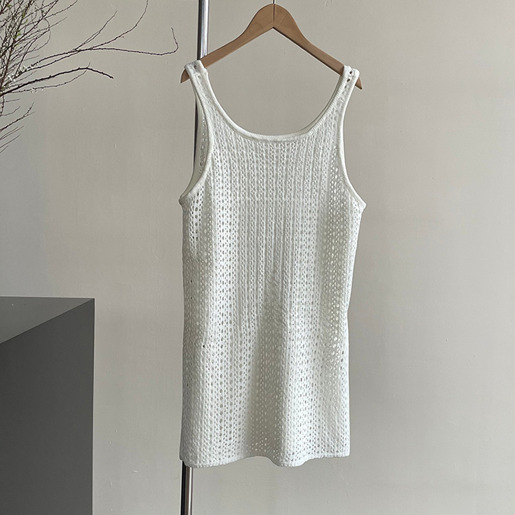 韓系U領鏤空背心式洋裝女疊穿側開叉針織罩衫