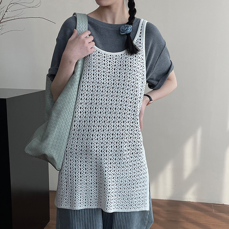 韓系U領鏤空背心式洋裝女疊穿側開叉針織罩衫