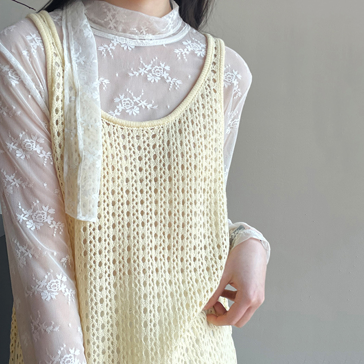 韓系U領鏤空背心式洋裝女疊穿側開叉針織罩衫