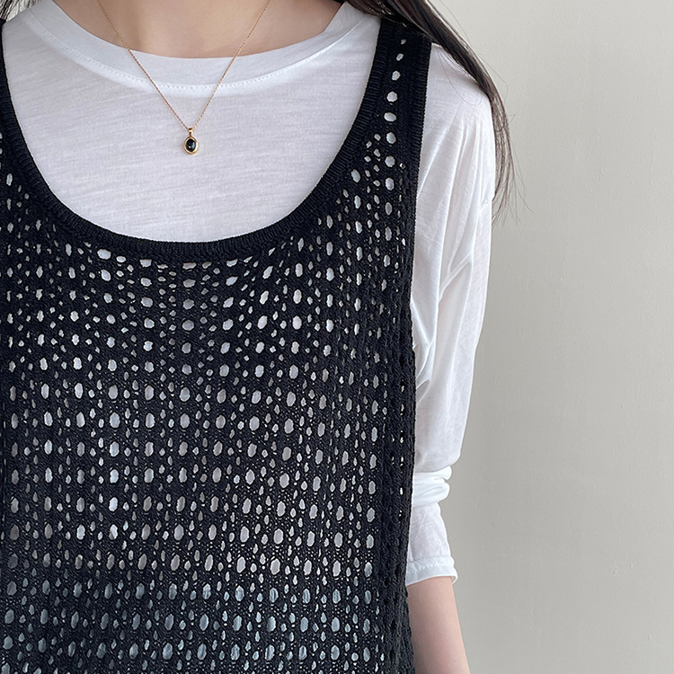 韓系U領鏤空背心式洋裝女疊穿側開叉針織罩衫