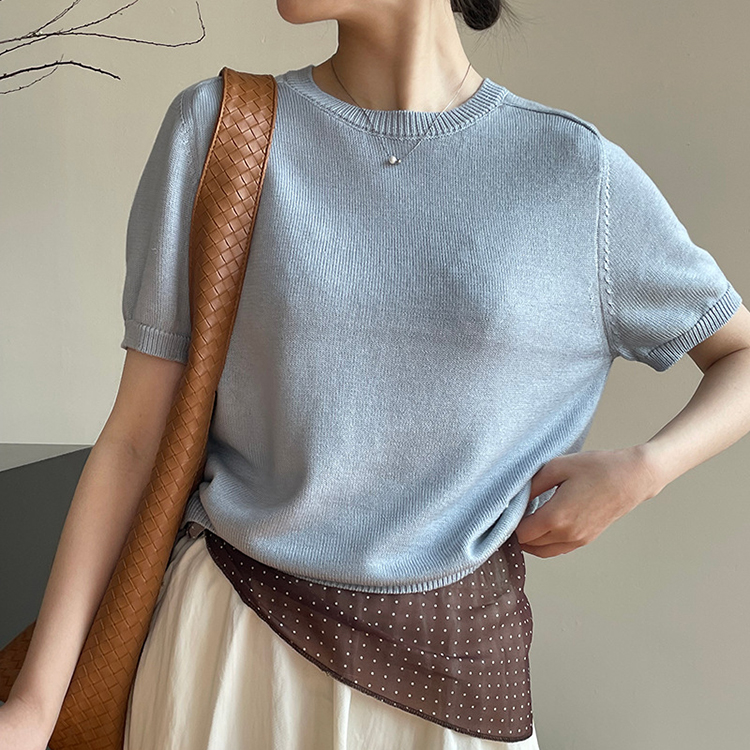 韓系簡約圓領純色條紋短袖針織衫