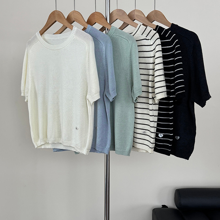 韓系簡約圓領純色條紋短袖針織衫
