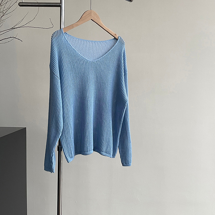 法式慵懶隨性純色鏤空V領針織罩衫