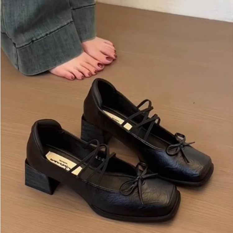 法式粗跟方頭淺口單鞋蝴蝶結瑪莉珍鞋