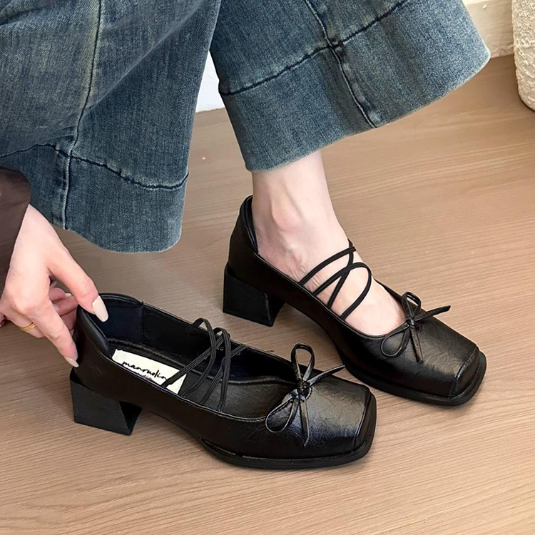法式粗跟方頭淺口單鞋蝴蝶結瑪莉珍鞋