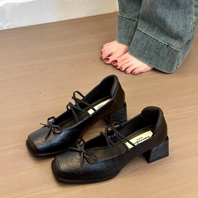 法式粗跟方頭淺口單鞋蝴蝶結瑪莉珍鞋