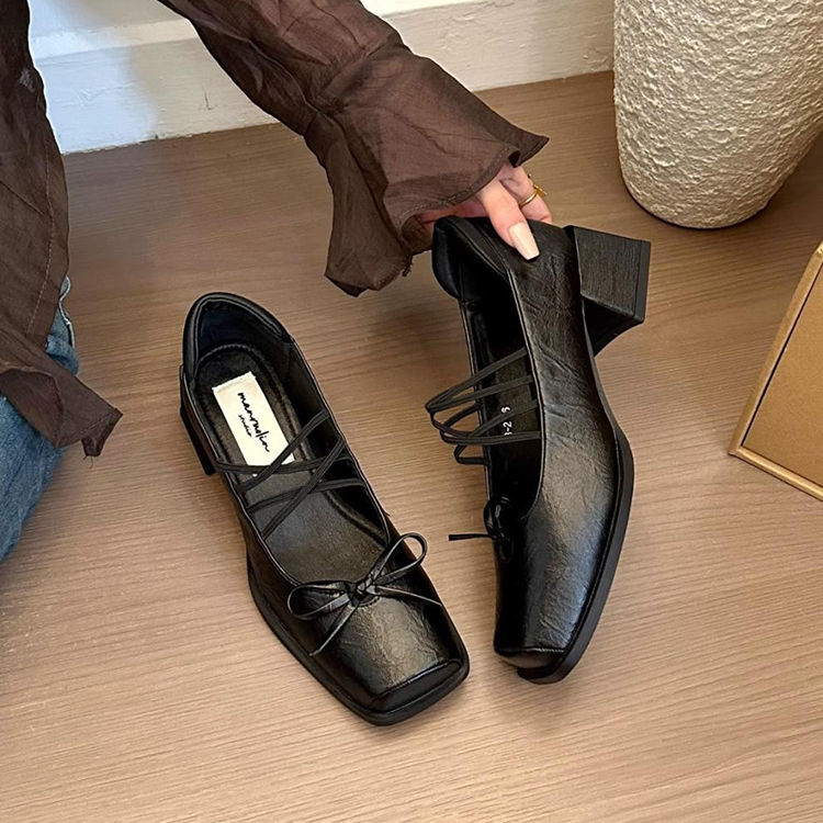 法式粗跟方頭淺口單鞋蝴蝶結瑪莉珍鞋