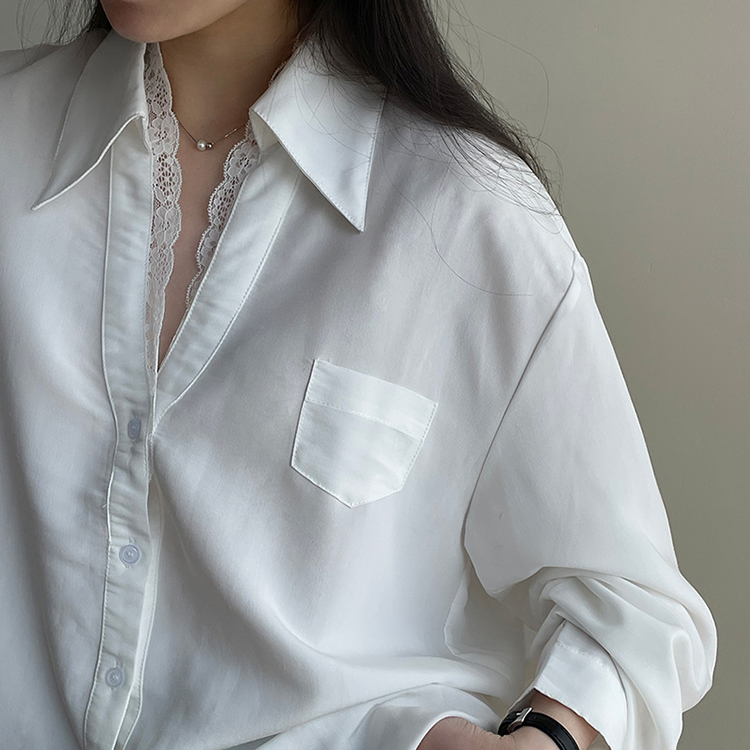 法式V領高級鬆弛感蕾絲拼接翻領襯衫