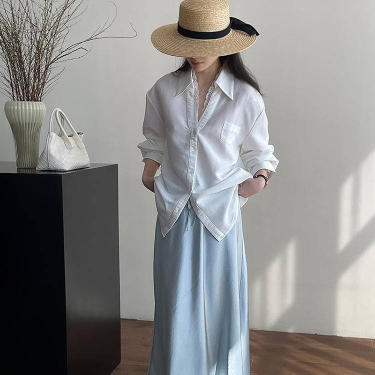 法式V領高級鬆弛感蕾絲拼接翻領襯衫