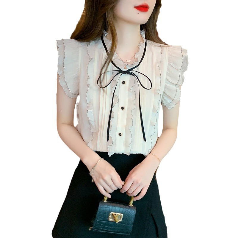 時尚繫帶波點蝴蝶結百搭上衣泡泡袖雪紡短袖襯衫