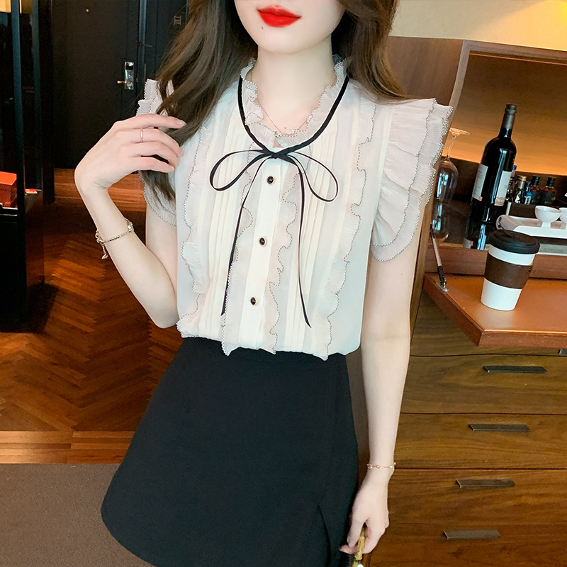 時尚繫帶波點蝴蝶結百搭上衣泡泡袖雪紡短袖襯衫