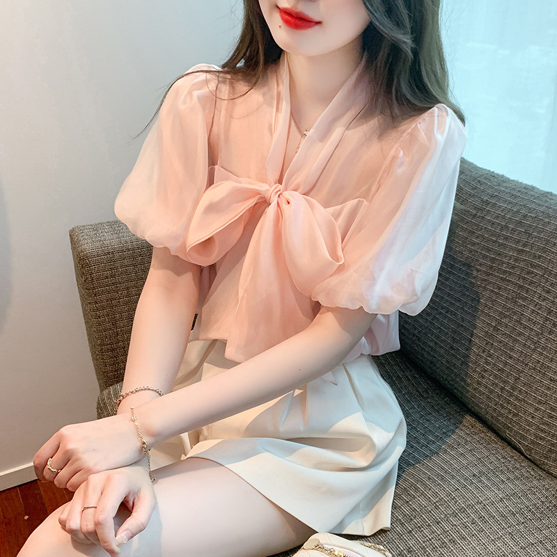 韓版百搭天絲拼接緞面燈籠袖蝴蝶結短袖襯衫