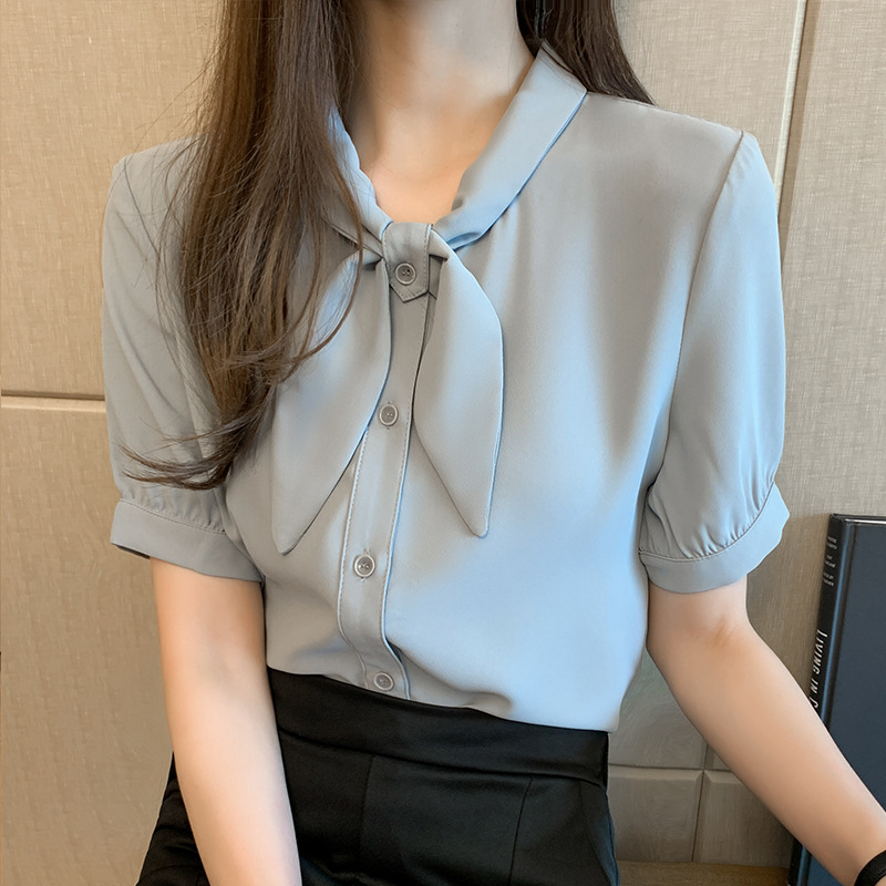 日系復古氣質短袖甜美領結雪紡襯衫
