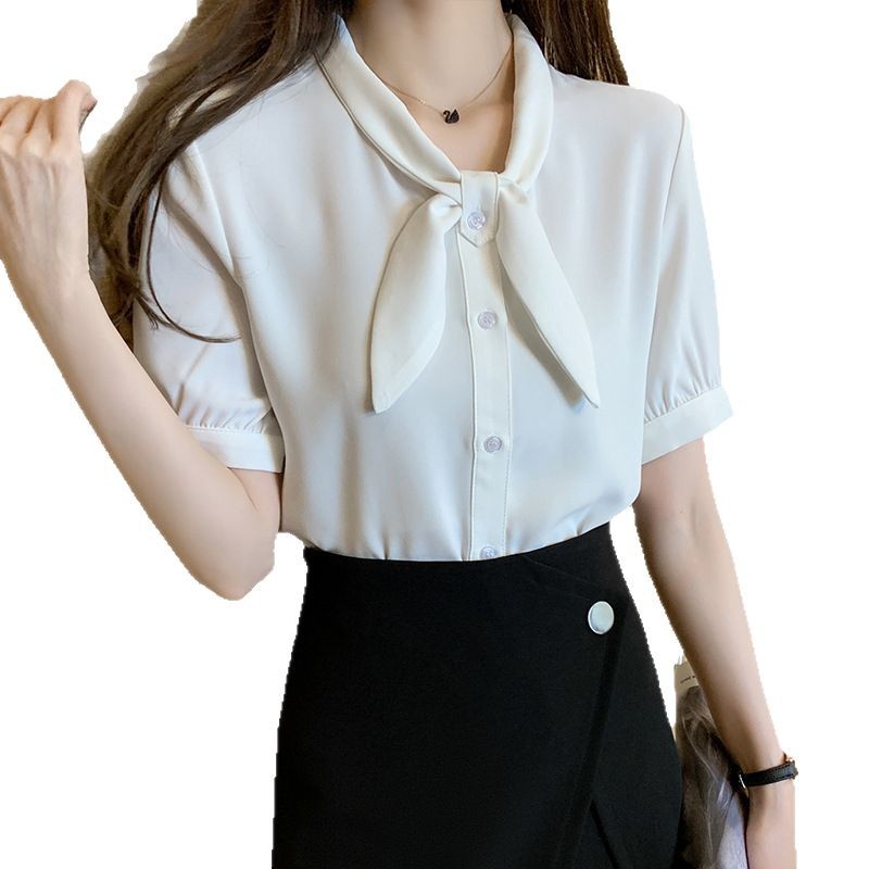 日系復古氣質短袖甜美領結雪紡襯衫