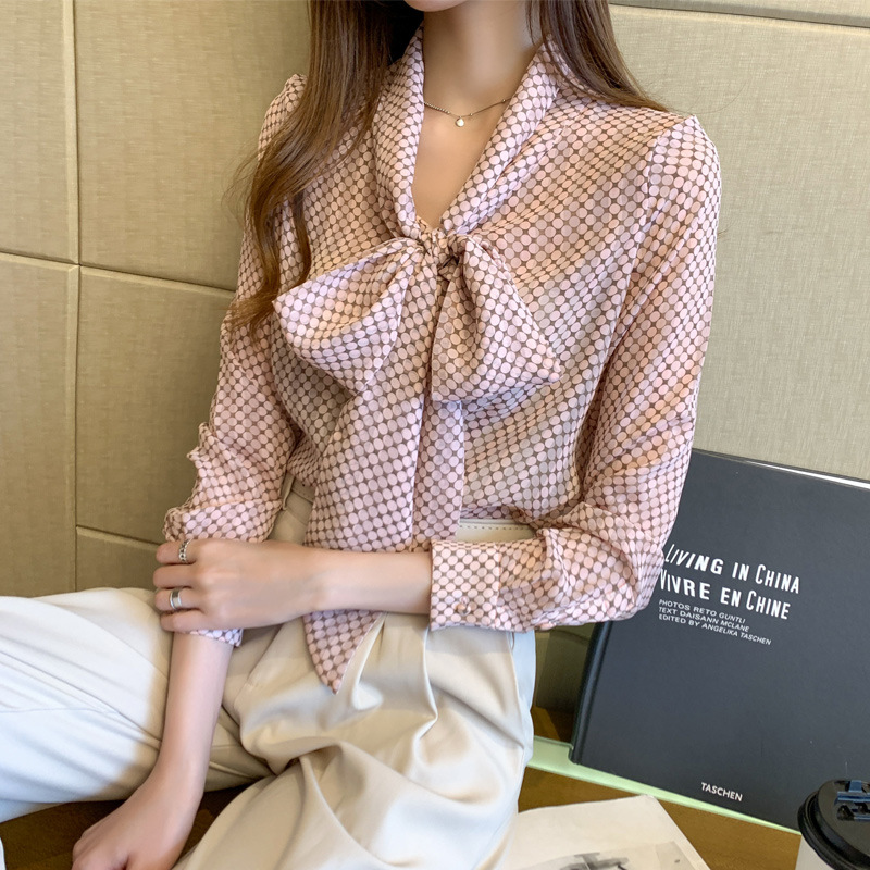 雪紡打底衫莫蘭迪灰粉飄帶領蝴蝶結波點襯衫