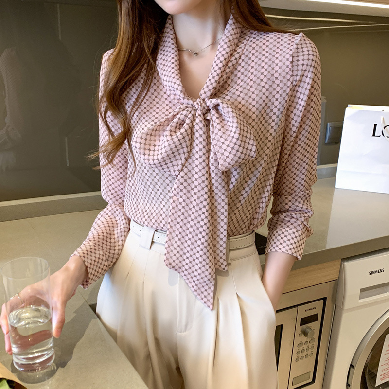 雪紡打底衫莫蘭迪灰粉飄帶領蝴蝶結波點襯衫