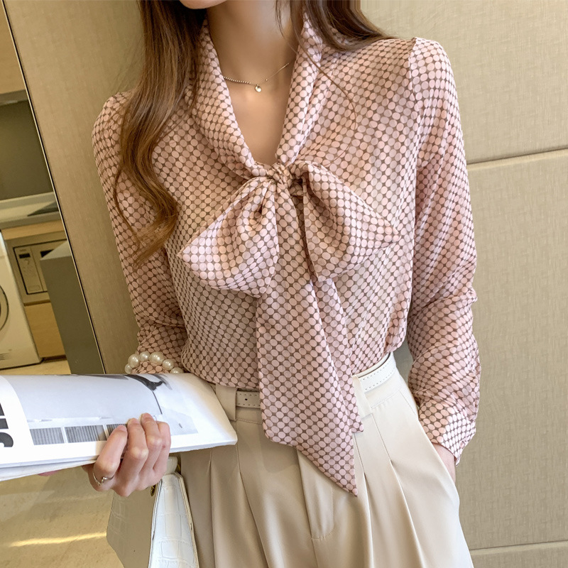 雪紡打底衫莫蘭迪灰粉飄帶領蝴蝶結波點襯衫