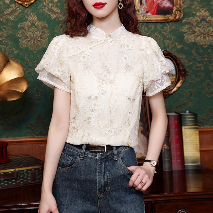 設計感小眾國風盤扣立領蕾絲泡泡袖短袖襯衫