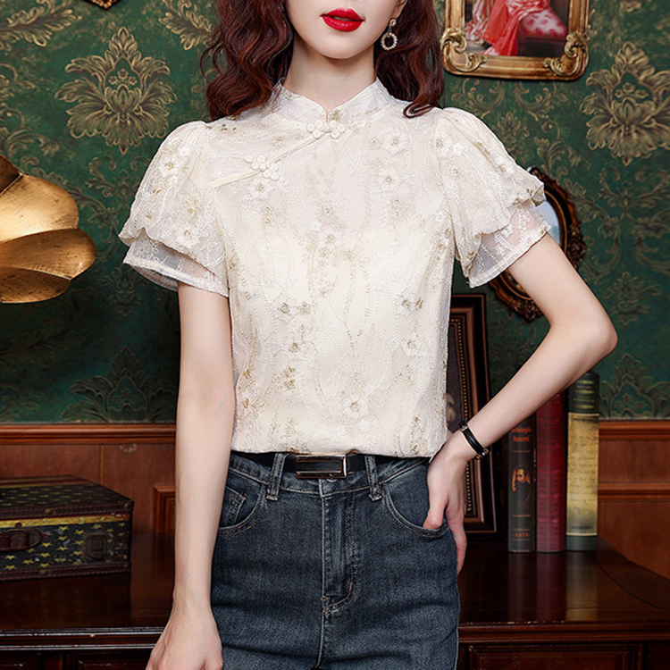 設計感小眾國風盤扣立領蕾絲泡泡袖短袖襯衫