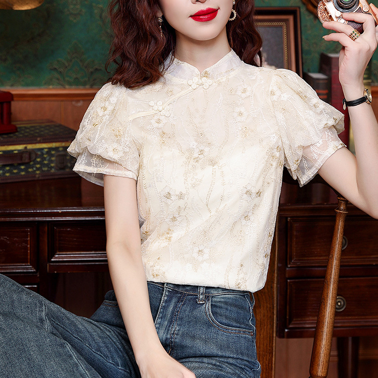 設計感小眾國風盤扣立領蕾絲泡泡袖短袖襯衫