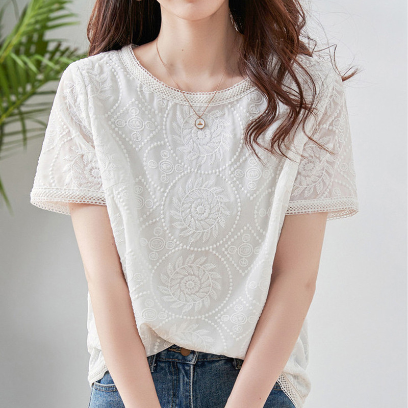 設計感寬鬆百搭圓領白色上衣氣質蕾絲刺繡短袖