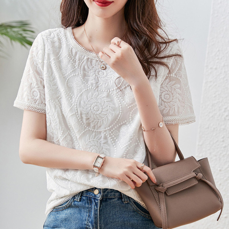 設計感寬鬆百搭圓領白色上衣氣質蕾絲刺繡短袖