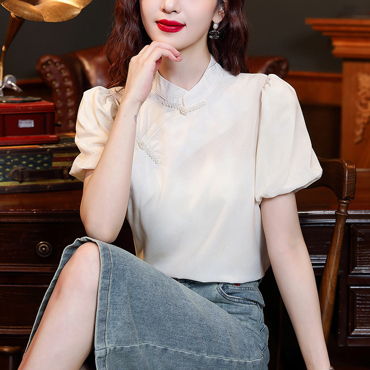 國風新中式立領盤扣洋氣泡泡袖襯衫短袖