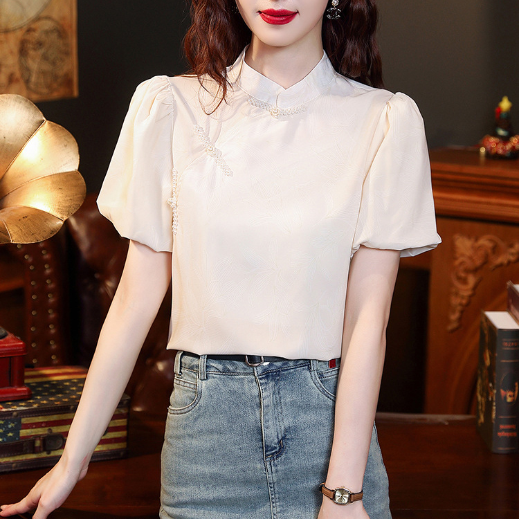 國風新中式立領盤扣洋氣泡泡袖襯衫短袖